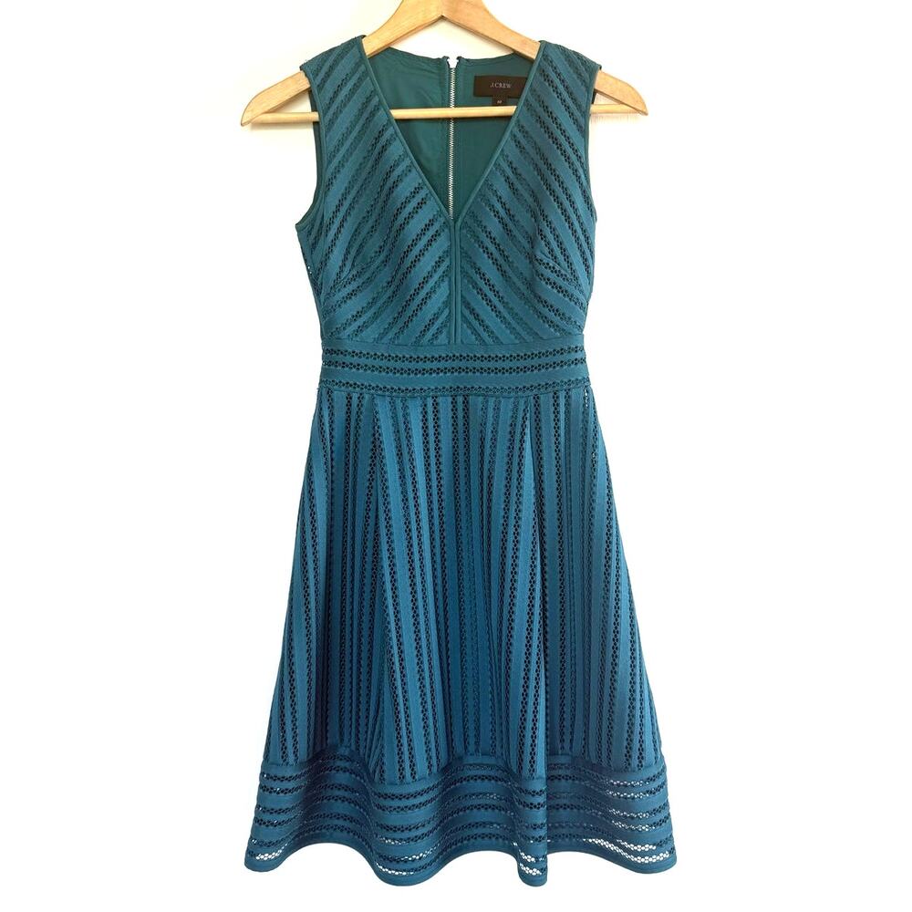 J CREW emerald green v neck crochet eyelet striped sleeveless summer dress - Picture 2 of 7